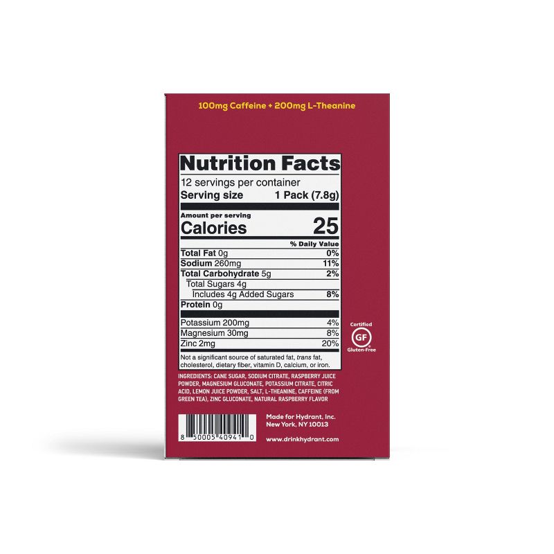 Hydrant Energy Electrolyte Rapid Hydration Powder Packets Drink Mix with Caffeine - Raspberry Lemonade - 12ct