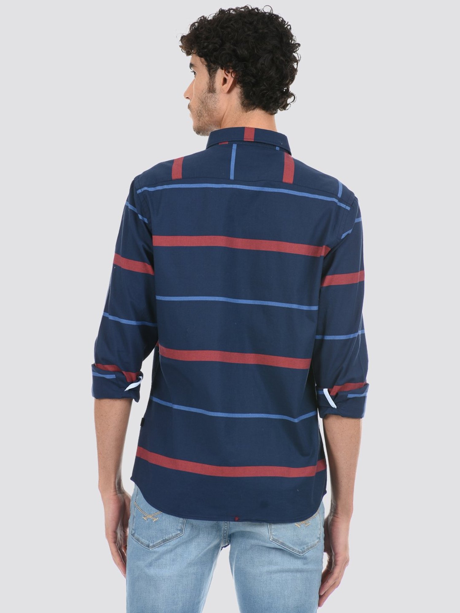 London Fog Navy Blue Regular Fit Striped Shirt