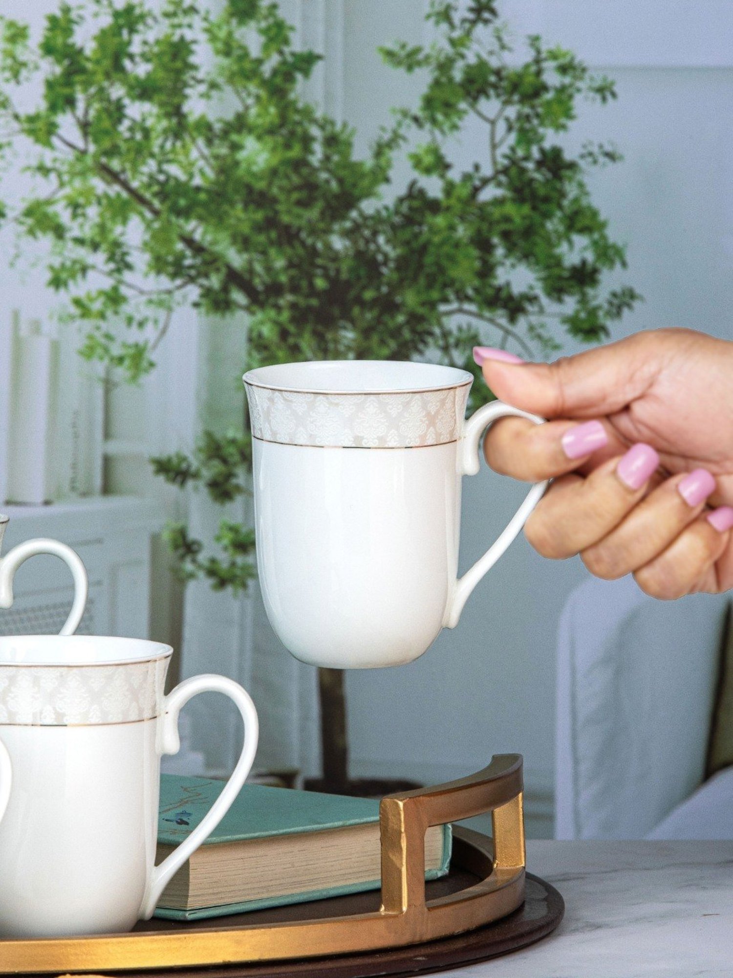 White Gold White Porcelain Coffee Mug - Set of 6