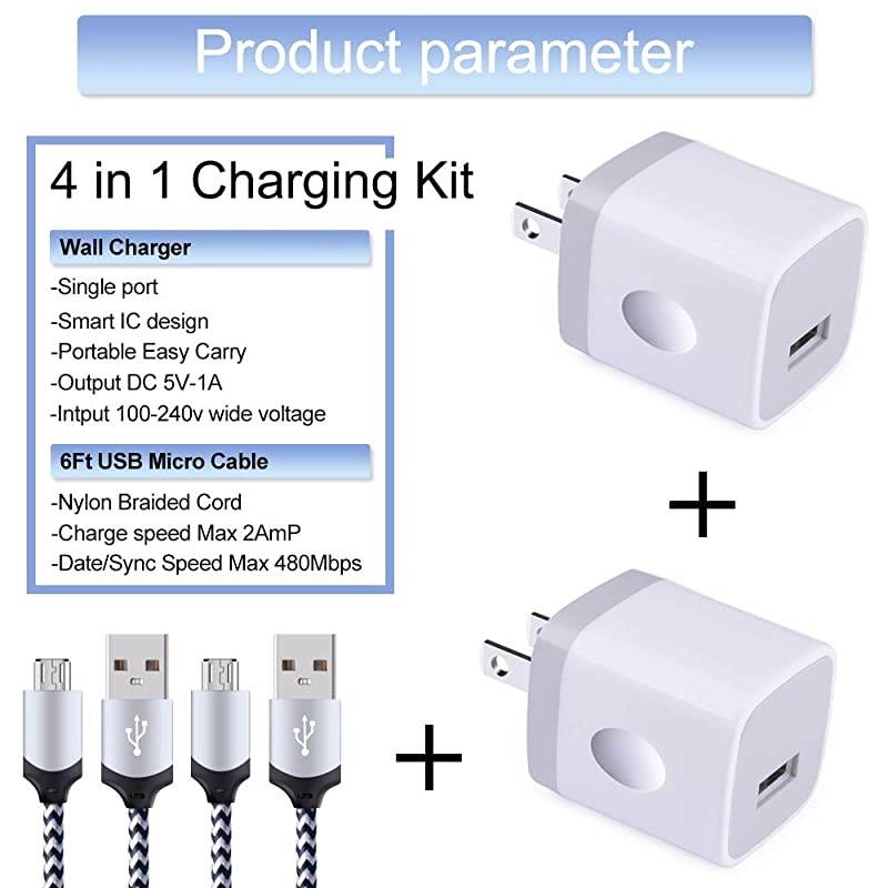 Wall Charger Micro Cable4Kit Charging Block Charger Cube Plug with Android Micro Cord Cable Compatible Samsung Galaxy S7 Edge A10 A6 M10 J7 J8 S6 S5 Note 4 5 LG HTC Moto Android Phone