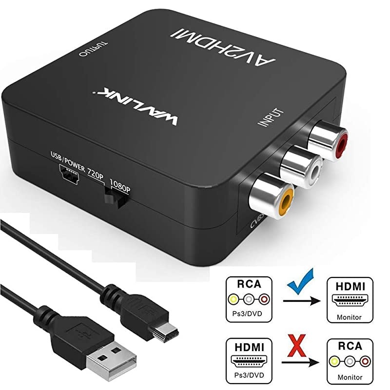 RCA to HDMI Converter 1080p 3RCA to HDMI CVBS AV Composite Video Audio Adapter with USB Charge Cable Support 1080P for PC Laptop Xbox PS4 PS3 TV STB VHS VCR Camera DVD