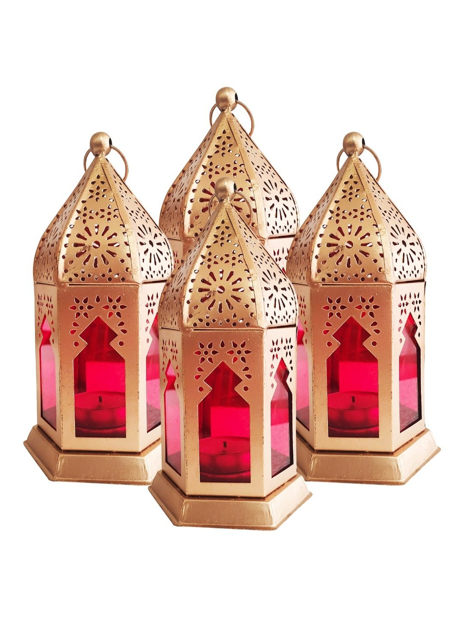 Homesake Antique Red Metal Moroccan Lantern Candle Holder - Set of 4