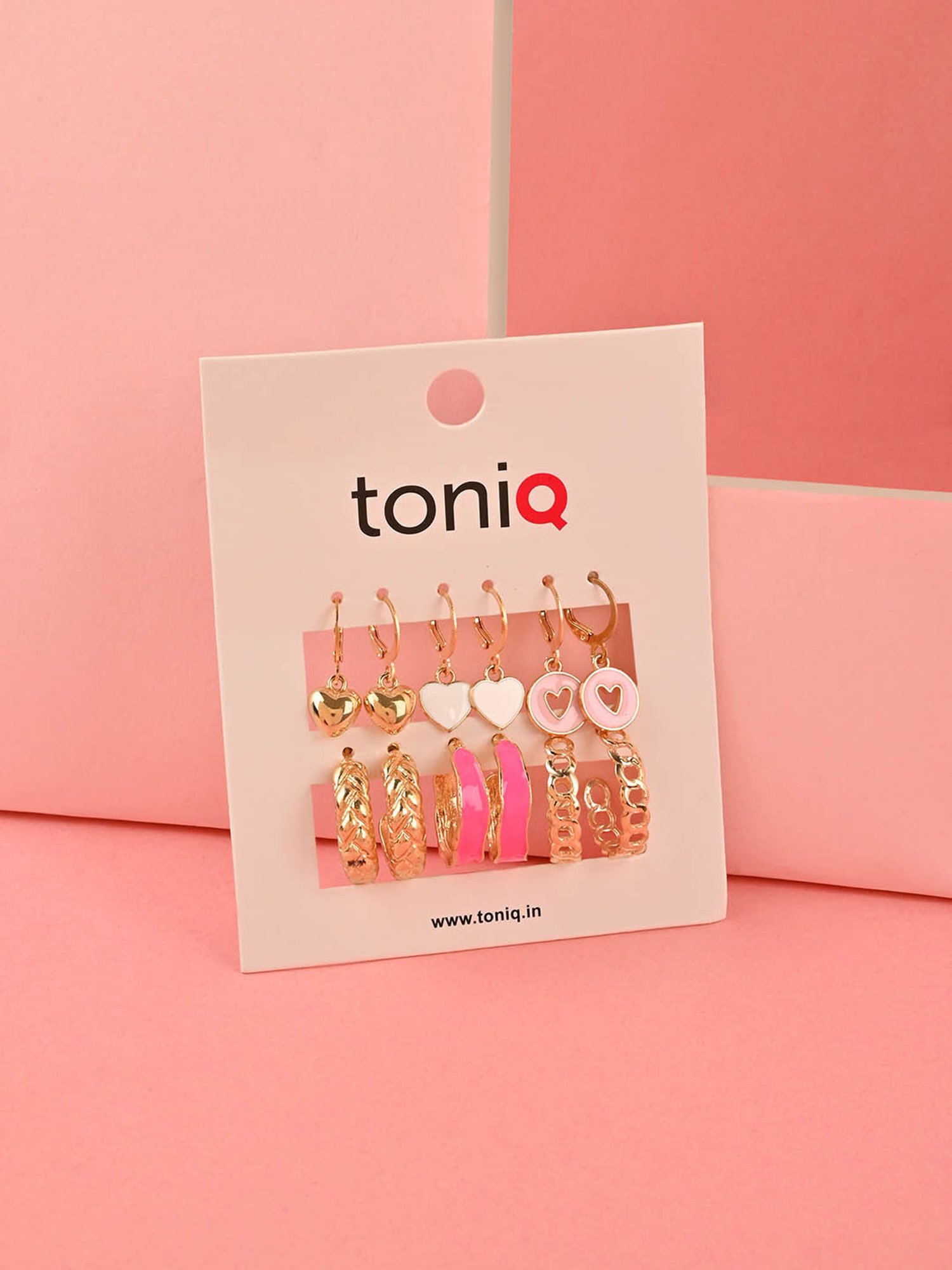 ToniQ Floral Pink & White Hoop Earrings for Women - Set of 6