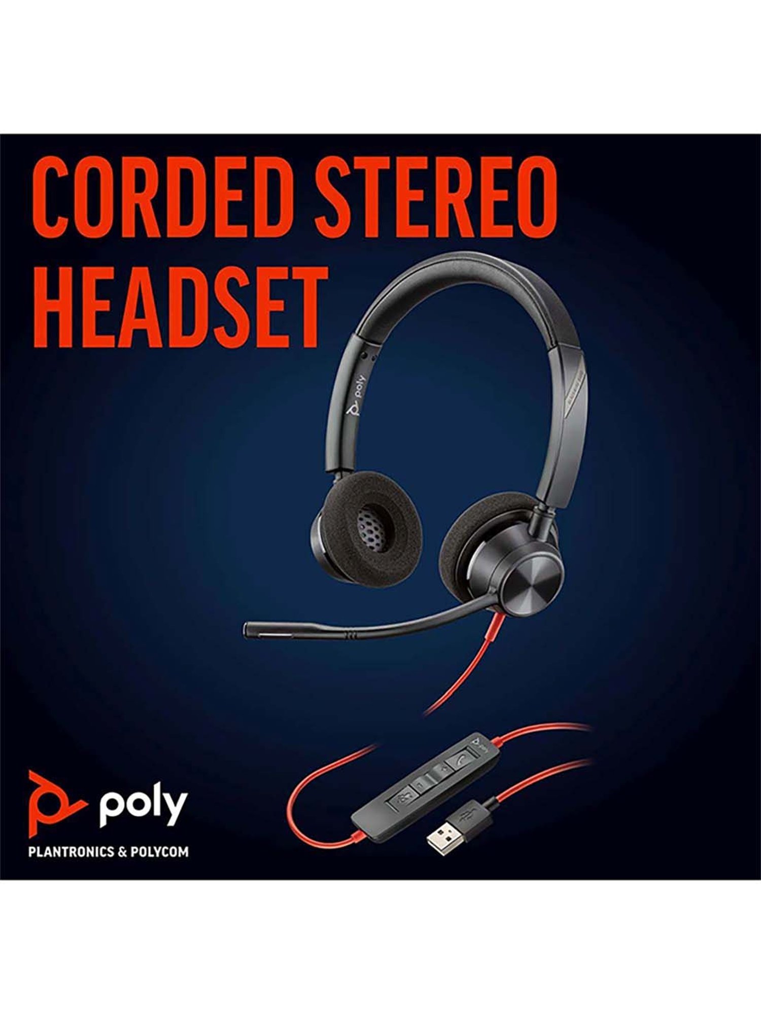 Poly Blackwire 3320 BW3320 Wired Headphone with Microphone (Black)
