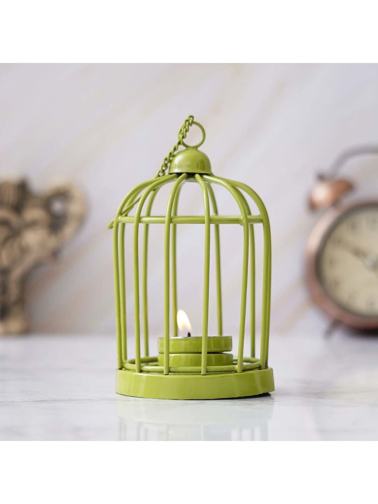 eCraftIndia Green Iron Cage Shaped Tea Light Candle Holder With Hanging Chain