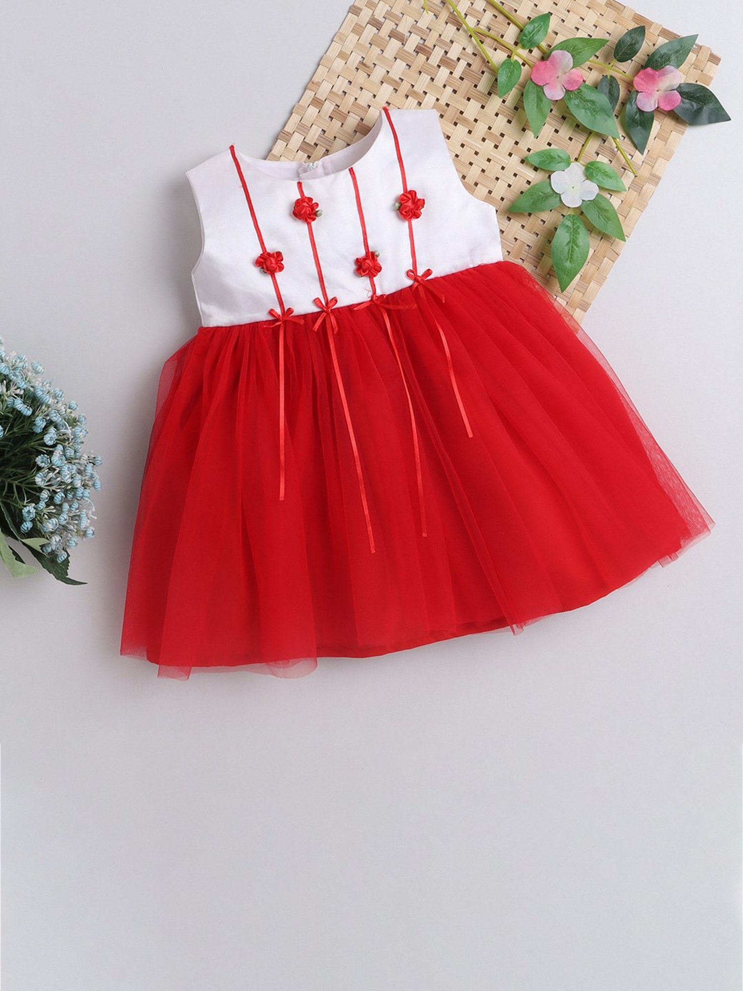 Many Frocks Kids Red & White Applique Dress