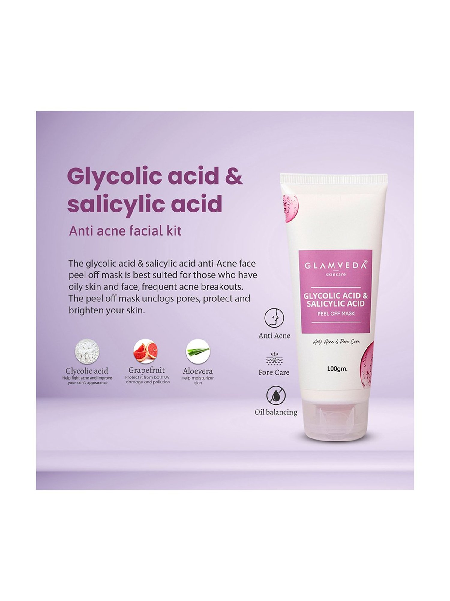 Glamveda Glycolic & Salicylic Acid Anti Acne Facial Kit and Peel Off Mask Combo