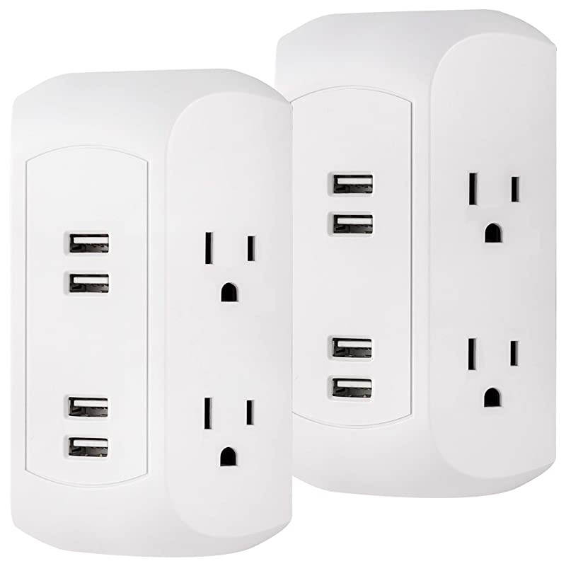 UltraPro 4-Outlet Sur Protector with 4 USB Ports, 2 Pack, Spaced Wall Tap, Side-Access, Charging Station, for iPhone/iPad/Samsung Galaxy/Google Pixel, 560 Joules, UL Listed, White, 50036