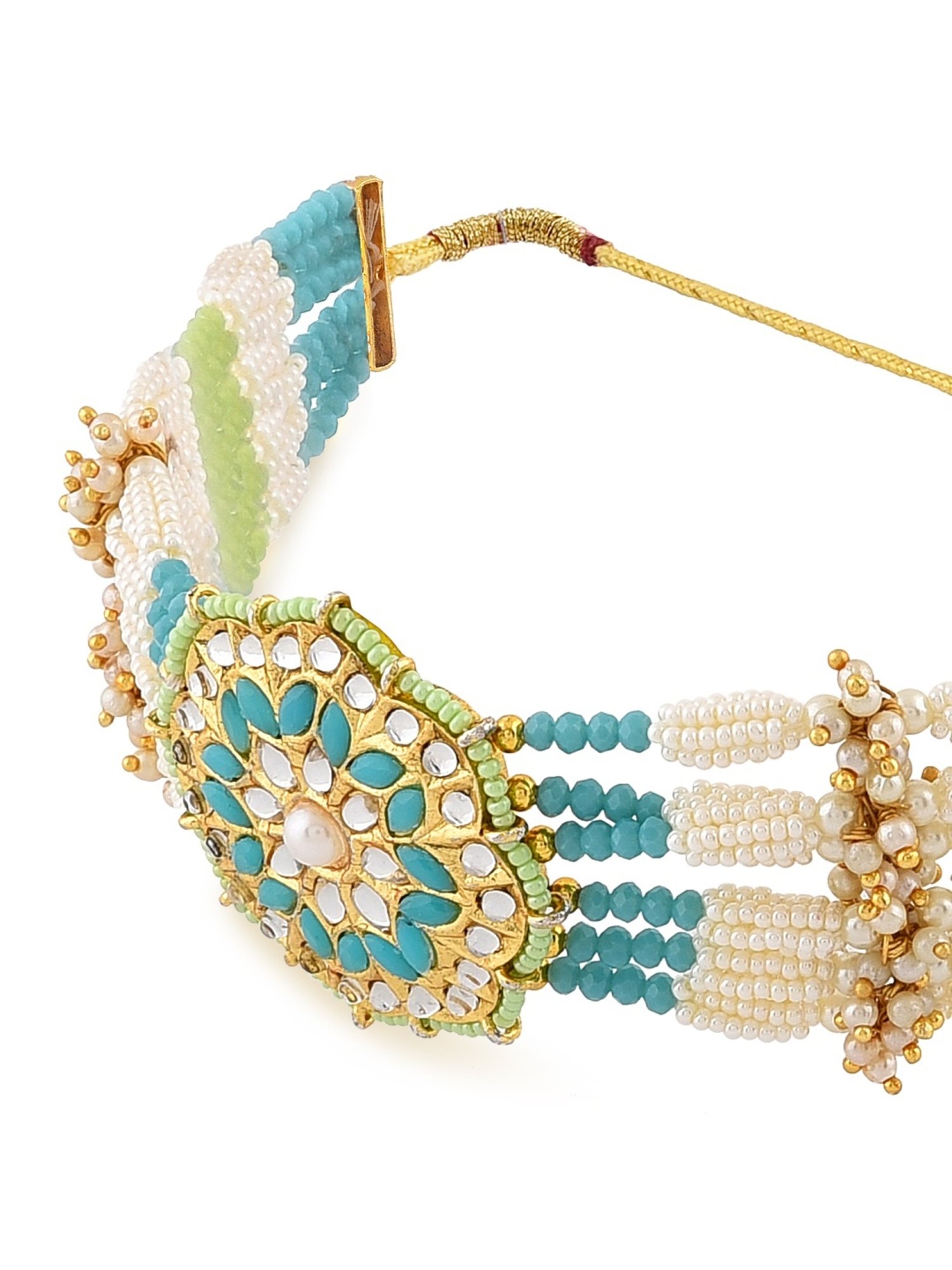 Zaveri Pearls Turquoise Blue & Green Beads Kundan Pearls Choker Necklace Earring Ring Set-ZPFK11070