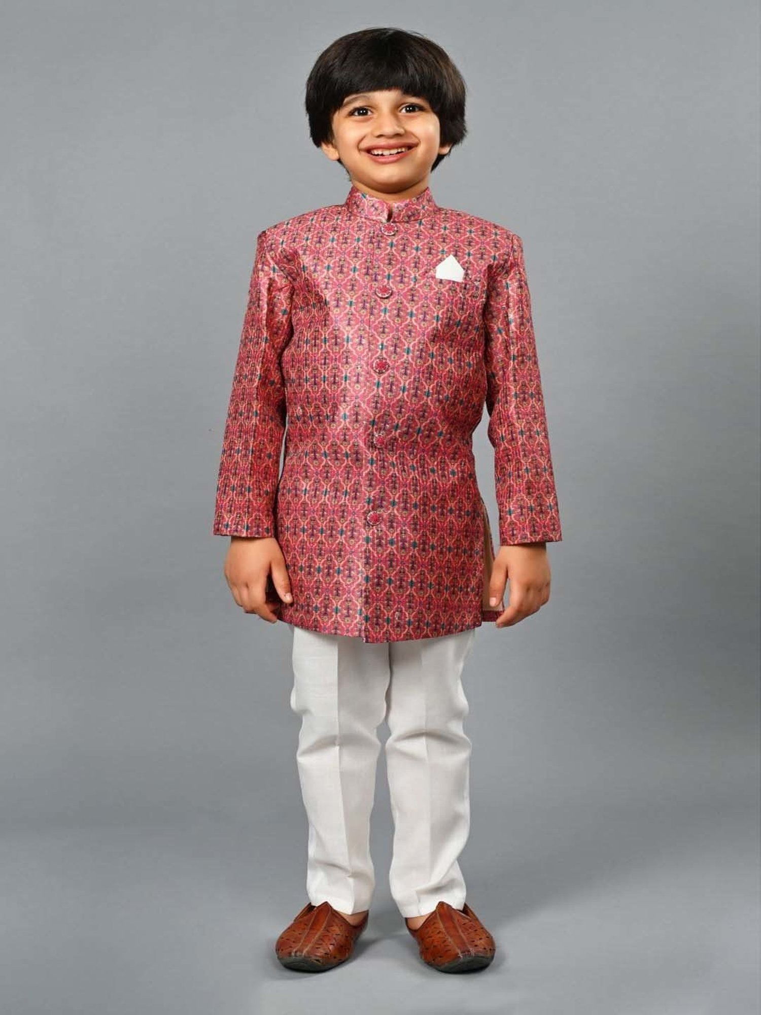Ahhaaaa Kids Pink Embellished Full Sleeves Sherwani Set