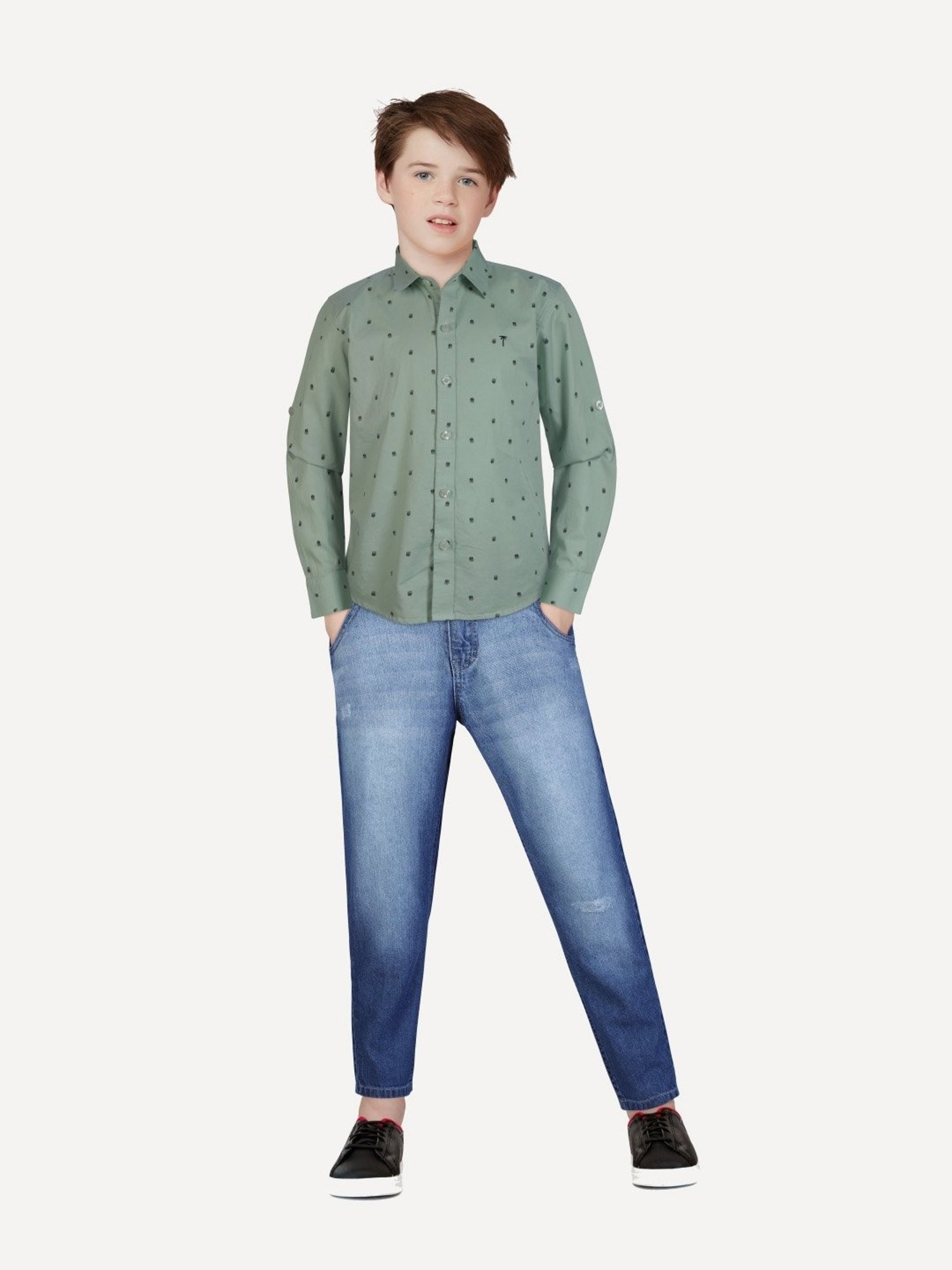 Palm Tree Kids Blue Cotton Printed Full Sleeves Shirt