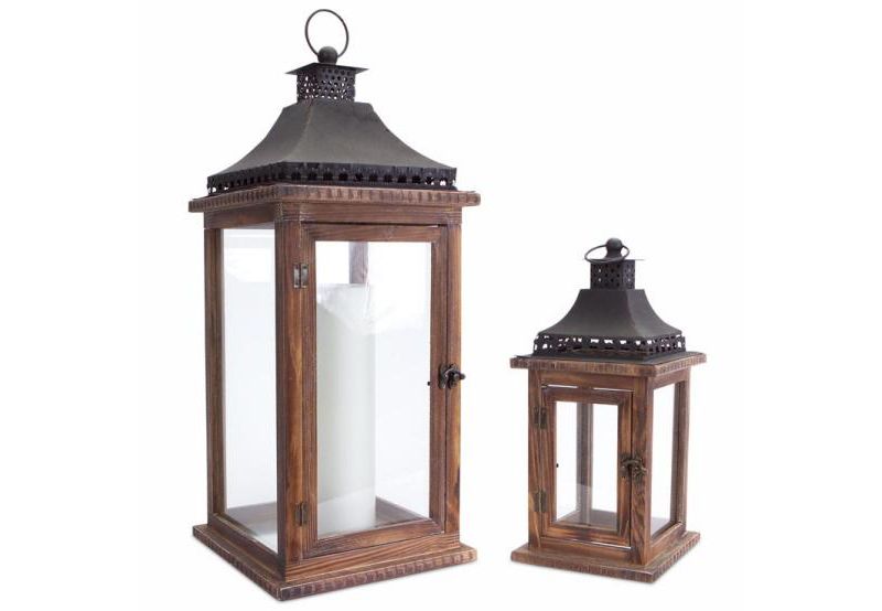Melrose Set of 2 Cape Cod Wooden and Glass Pillar Candle Holder Lanterns - 23.5"