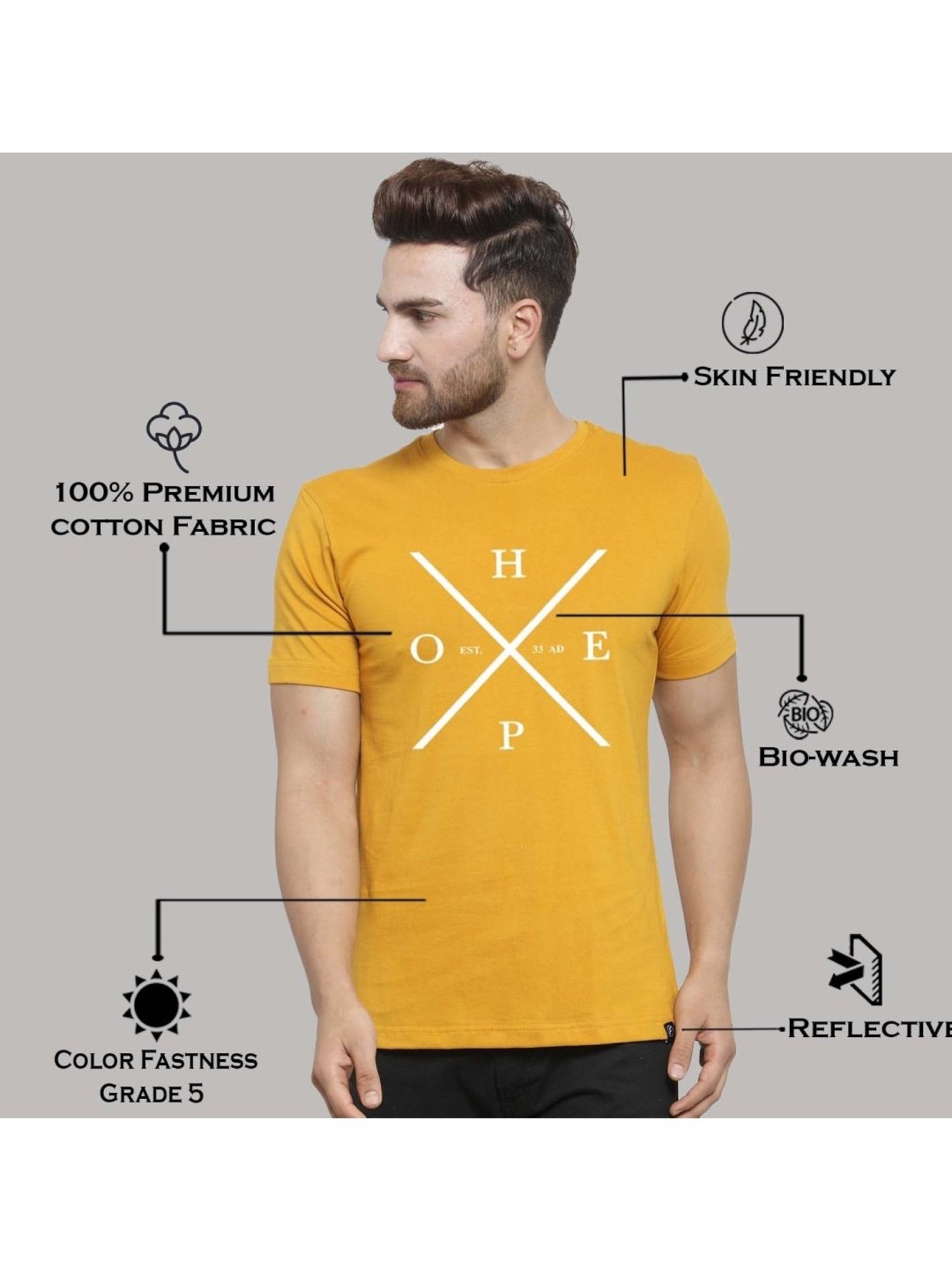 Friskers Mustard Cotton Slim Fit Printed T-Shirt