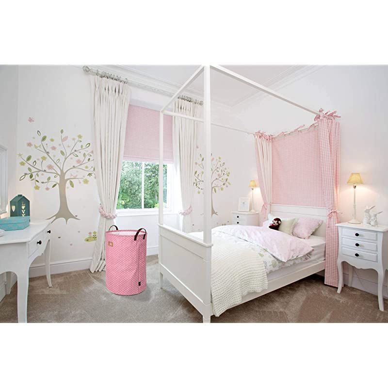 22-Inches Freestanding Laundry Basket with Lid, Collapsible Extra Large Drawstring Clothes Hamper Storage with Handle (Pink, XL)