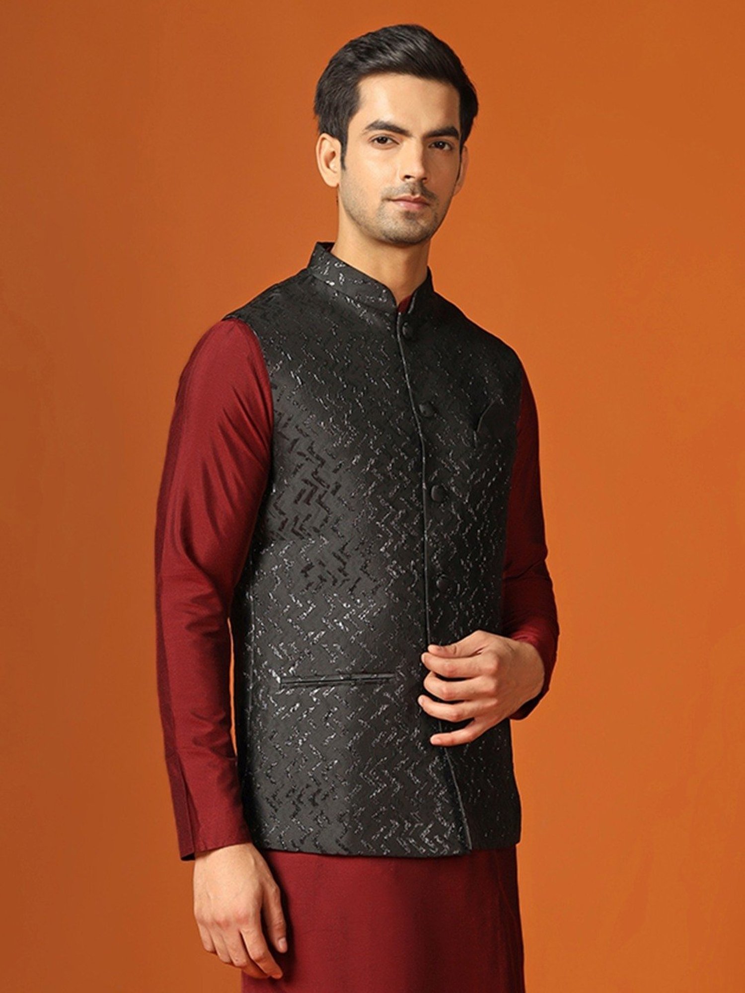 KISAH Black Regular Fit Self Pattern Nehru Jacket
