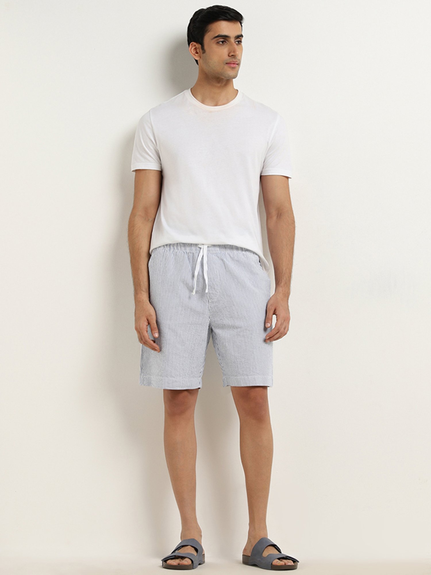 WES Lounge by Westside Blue Striped Relaxed-Fit Mid-Rise Cotton Shorts