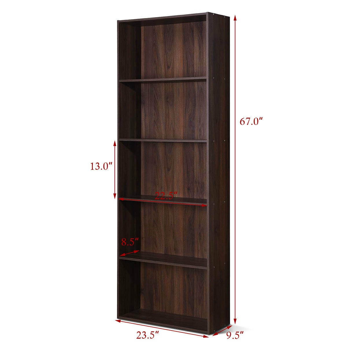 Costway 5-Shelf Storage Bookcase Stand Modern Multi-Functional Display Cabinet Walnut