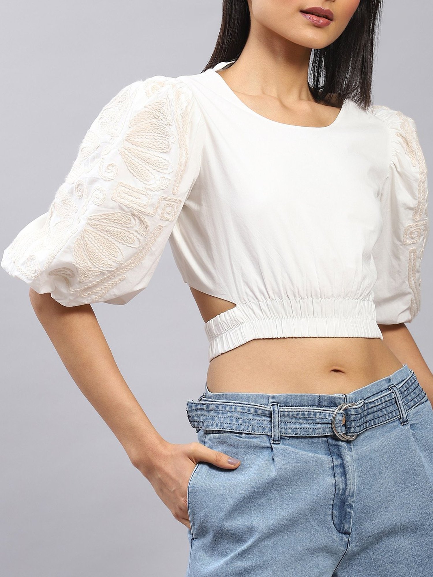 Label Ritu Kumar White Embroidered Crop Top