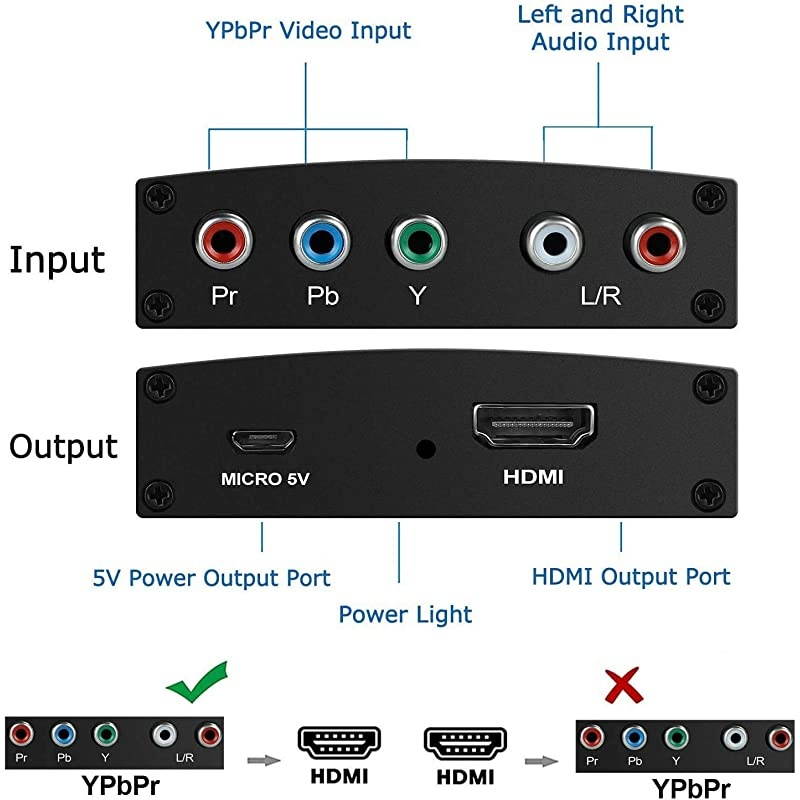 Component to HDMI Adapter YPbPr to HDMI Coverter + RL  Component 5RCA RGB to HDMI Converter Adapter Supports 1080P Video Audio Converter Adapter for DVD PSP Xbox 360 to HDTV Monitor