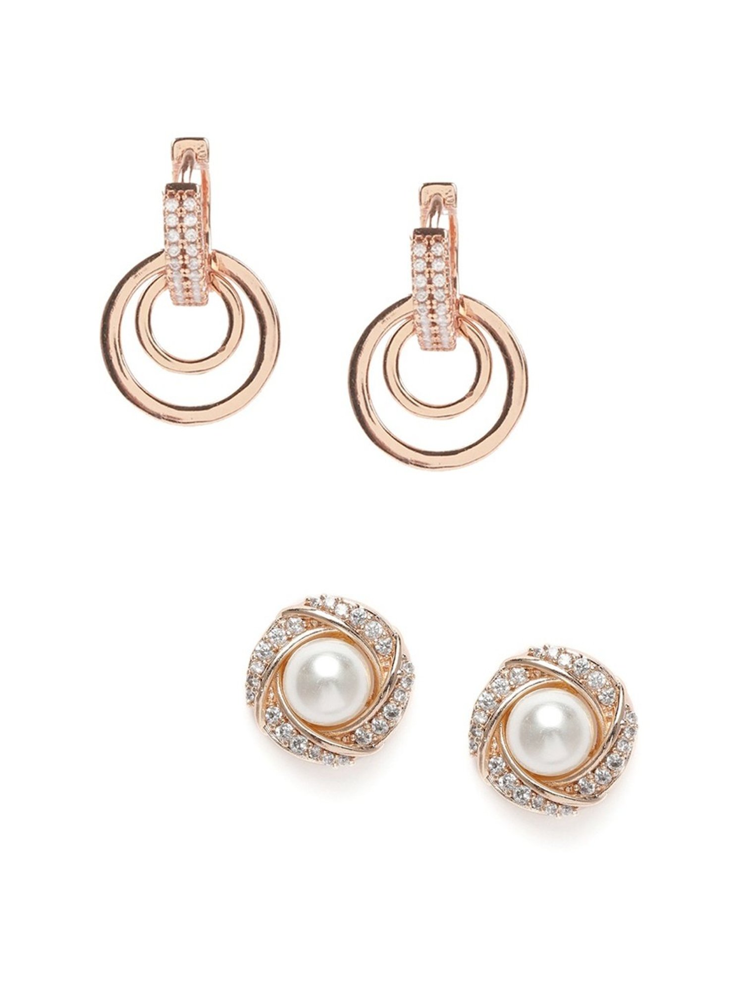 Zaveri Pearls Combo of 2 Rose Gold Cubic Zirconia & Pearls Brass Stud & Drop Earrings - ZPFK10859