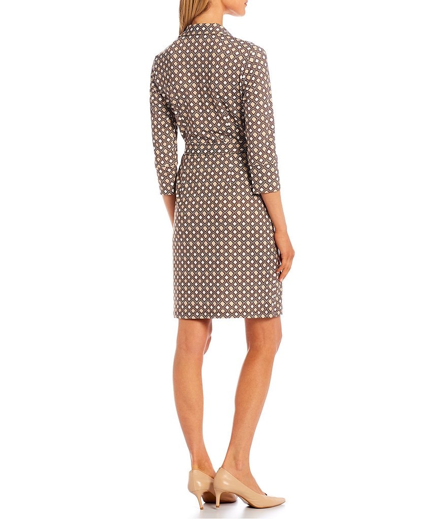 J.McLaughlin Brynn Geo Print Knit Jersey Button-Front Belted Point Collar V-Neck 3/4 Sleeve Shirtdress