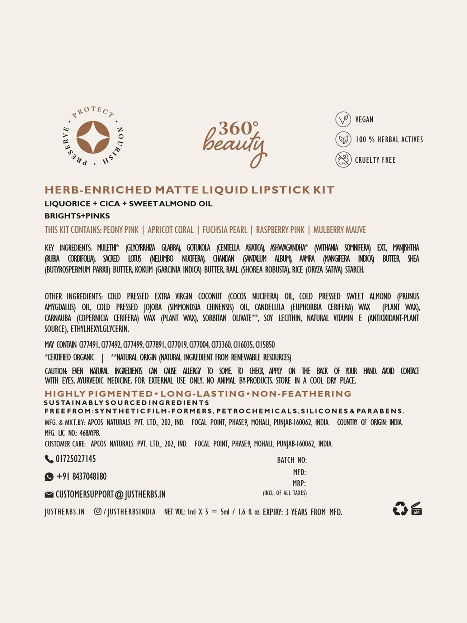 JUST HERBS Herb-Enriched Matte Liquid Lipstick Kit - Brights + Pinks