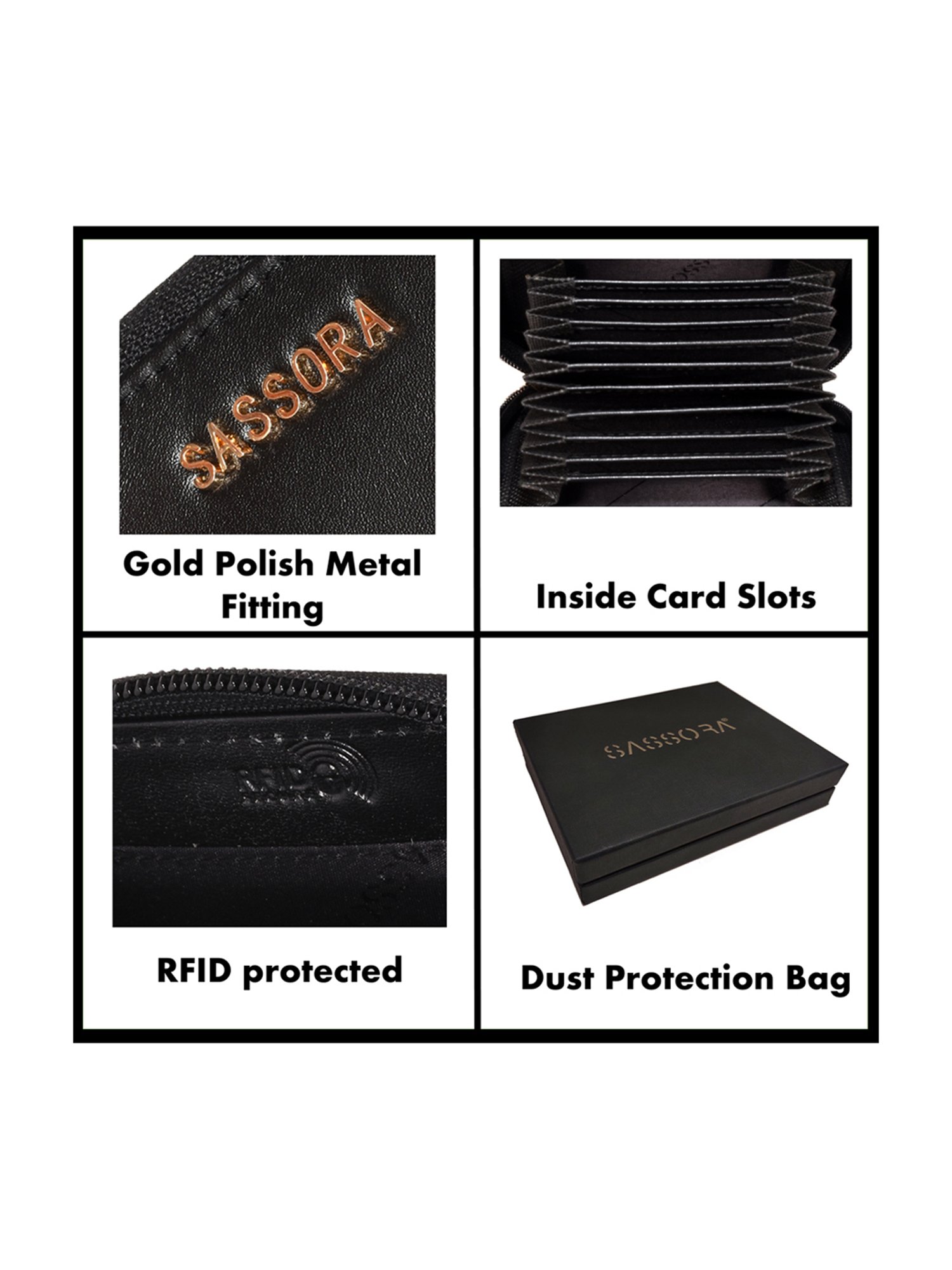 SASSORA Valerie Black Leather Small Coin & Card Case for Men & Women