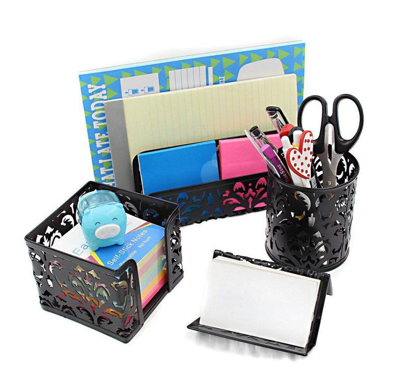 EasyPAG 5 in 1 Desk Organizer Set Hollow Flower Pattern Design- File Holder,Letter Sorter, Pen Holder,Business Card Holder and Stick Note Holder -Black