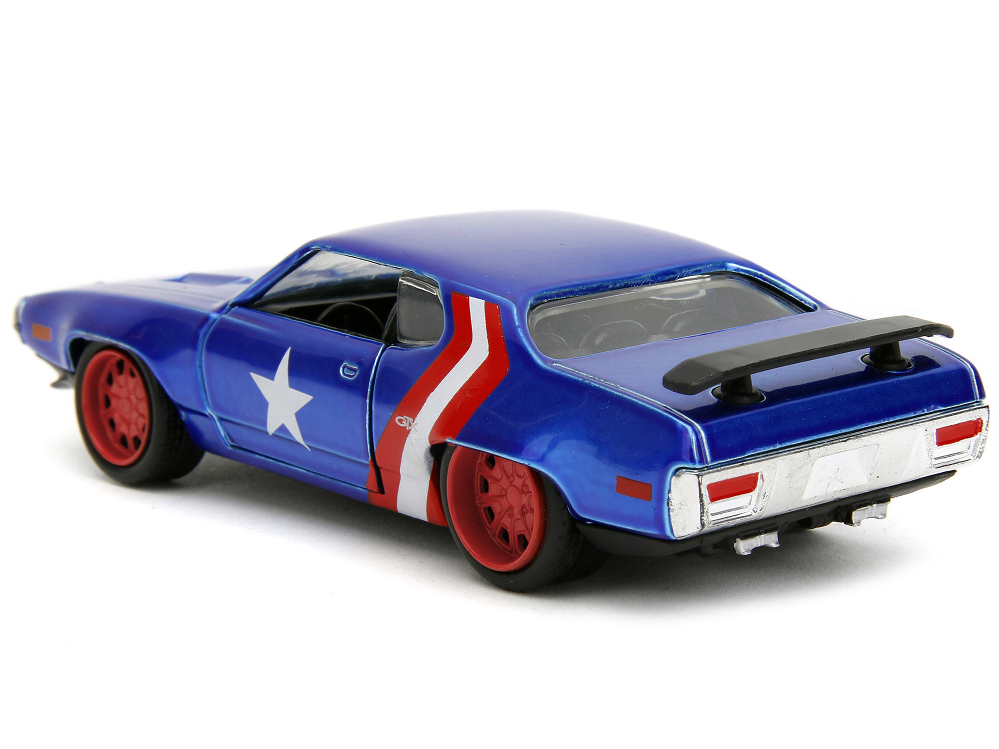 1972 Plymouth GTX Candy Blue with Red and White Stripes and Captain America Diecast Figure "The Avengers" "Hollywood Rides" Series 1/32 Diecast Model Car by Jada