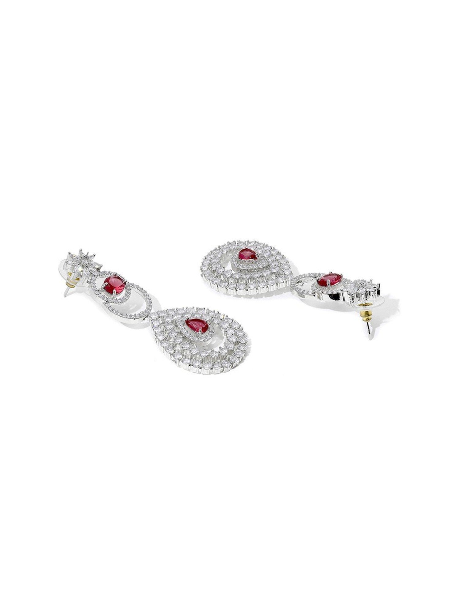 Priyaasi Silver-Plated American Diamond and Ruby Stones Style Dangler Earrings