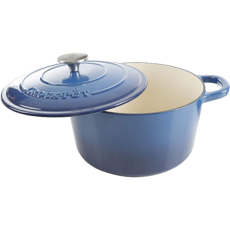 Crock-Pot 5 Quart Capacity Round Enamel Cast Iron Covered Dutch Oven Food Cooker Kitchen Cookware with Matching Self Basting Lid, Blue