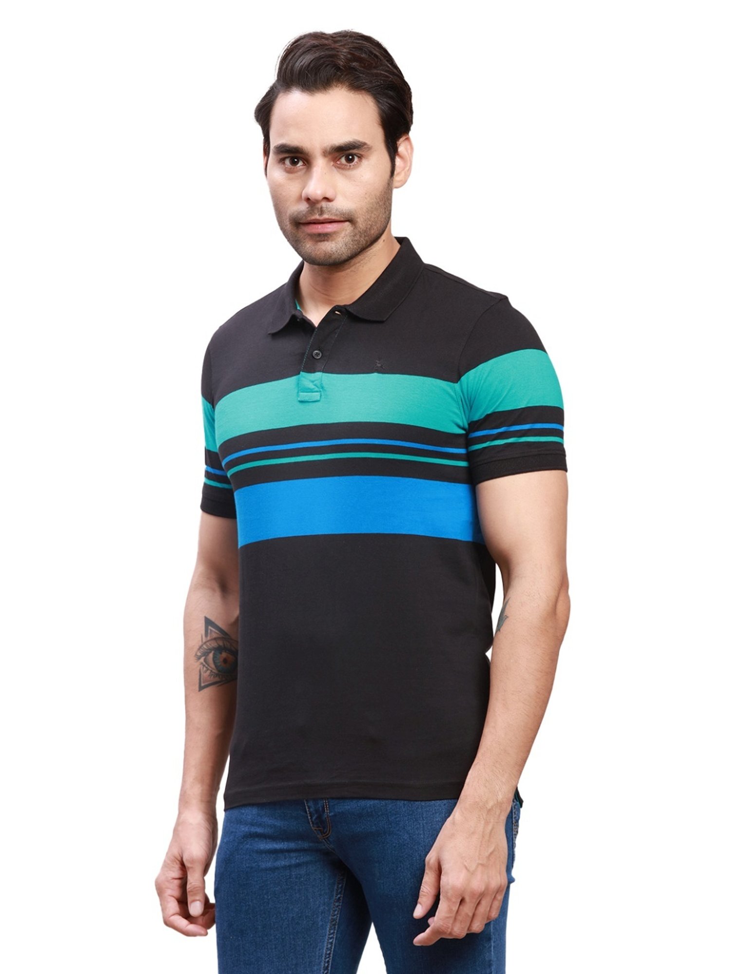 Parx Black Cotton Regular Fit Colour Block Polo T-Shirt