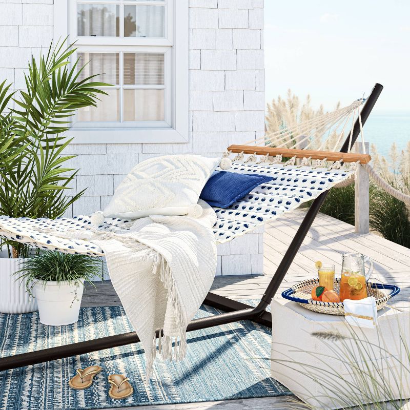 Sorbus Brazilian Double Hammock with Stand - Green, Blue Stripes