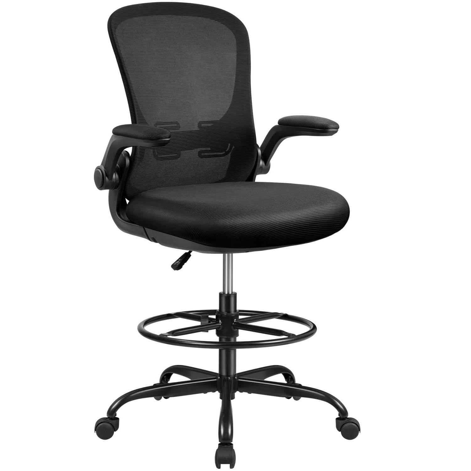 Devoko Drafting Chair Tall Office Chair with Flip-up Armrests Office Desk Chair Ergonomic Mesh Chair Lumbar Support with Adjustable Height (Black)