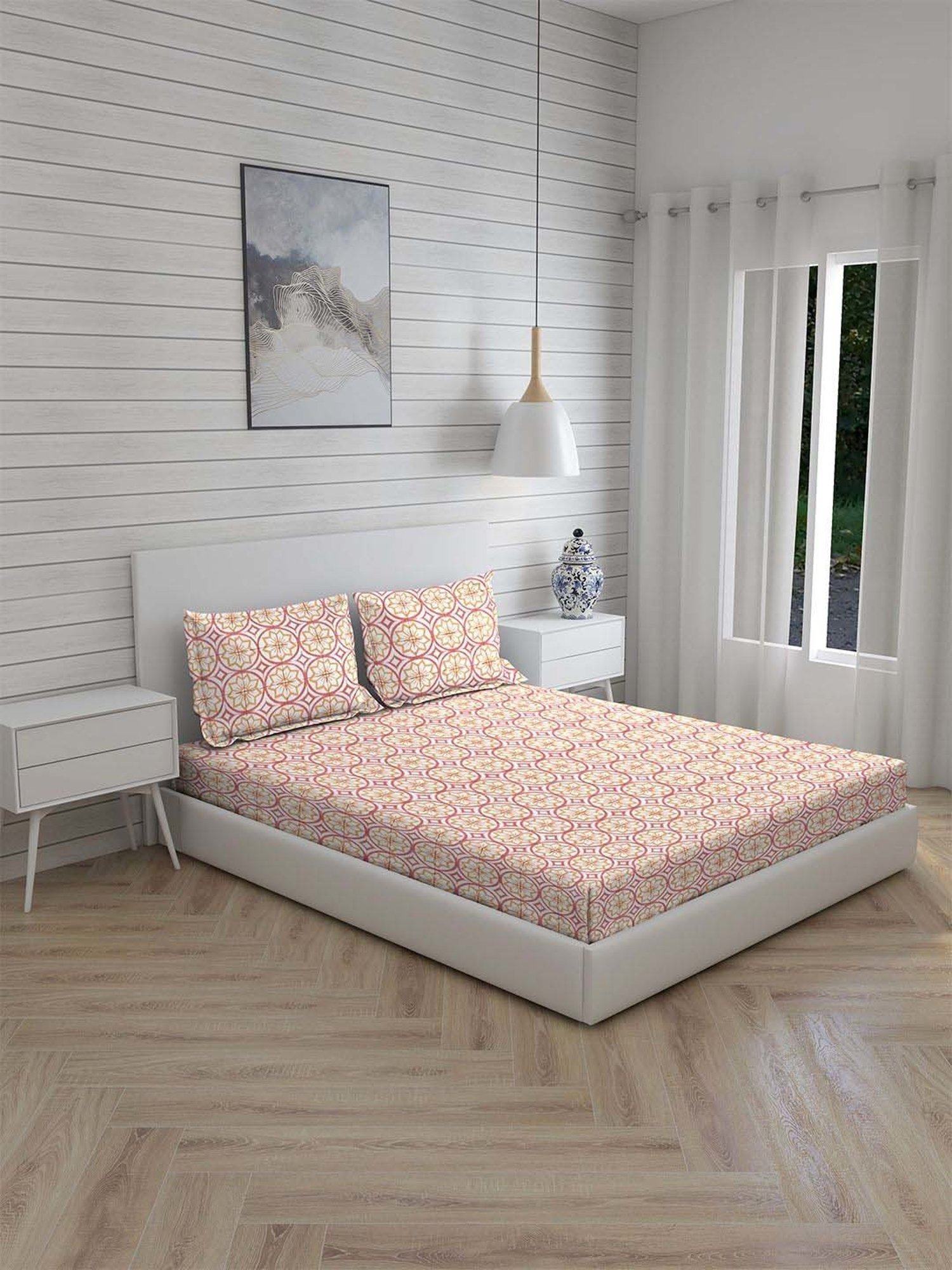 Boutique Living Signature Orange & Pink Cotton 300 TC Fitted Size Bedsheet with Pillow Cover