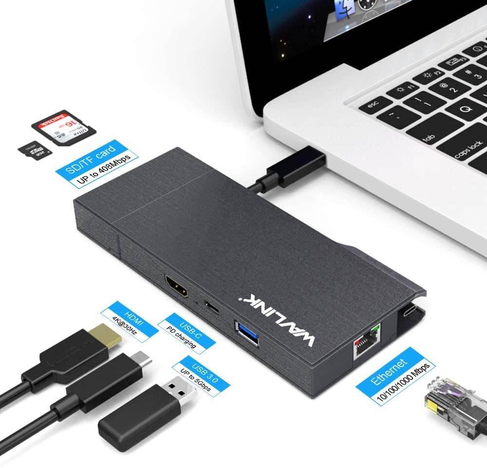 USB C HUB Wavlink USB-C to HDMI 4K@30Hz Adapter with Gigabit Ethernet USB 3.0 Port SD Card Reader 100W PD3.0 Charging for iPad Pro/MacBook Pro 2016+/MacBook Air 2018+ and Type C Devices