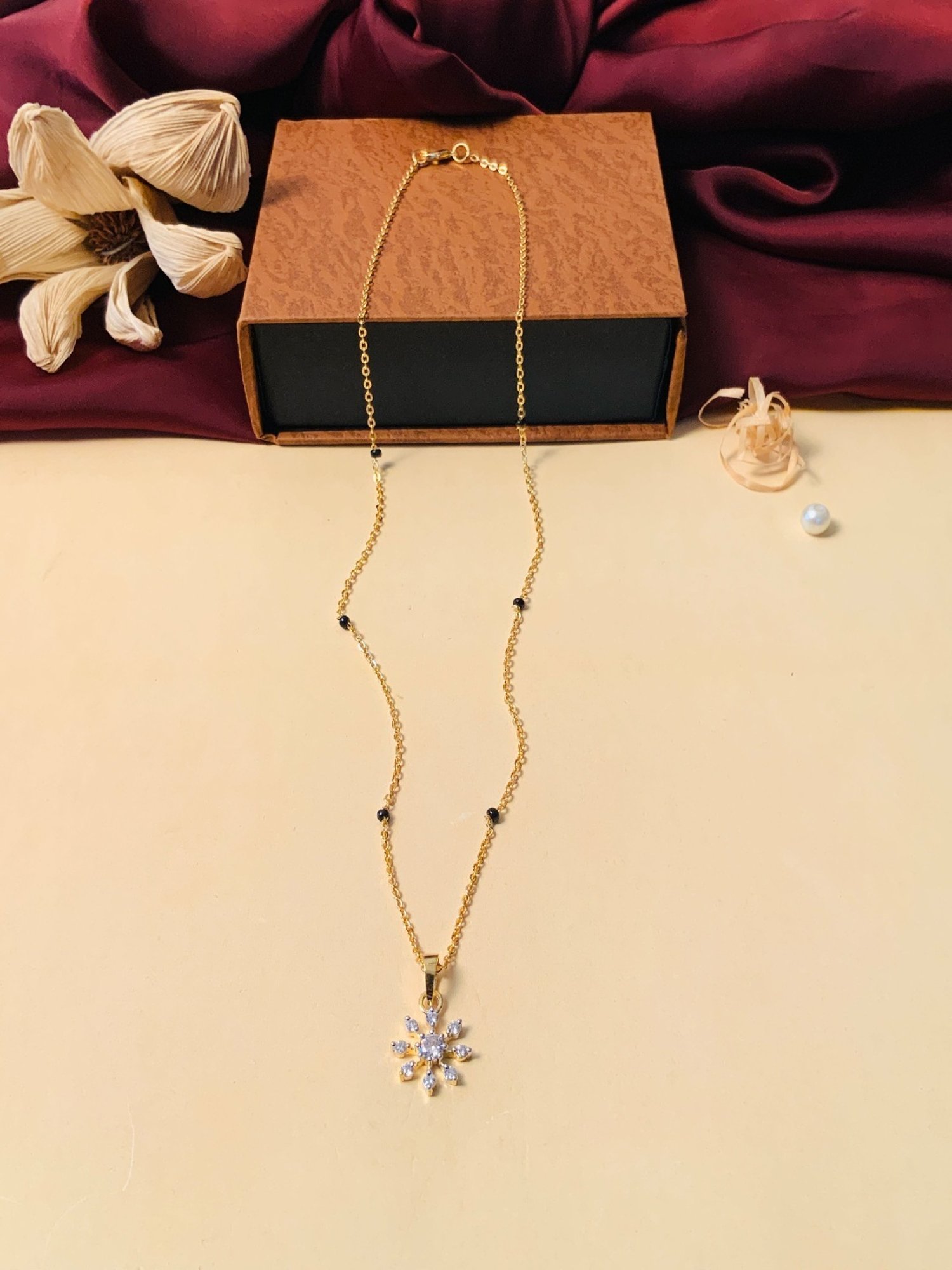 Abdesigns Gold-Plated American Diamond & Black Beaded Mangalsutra