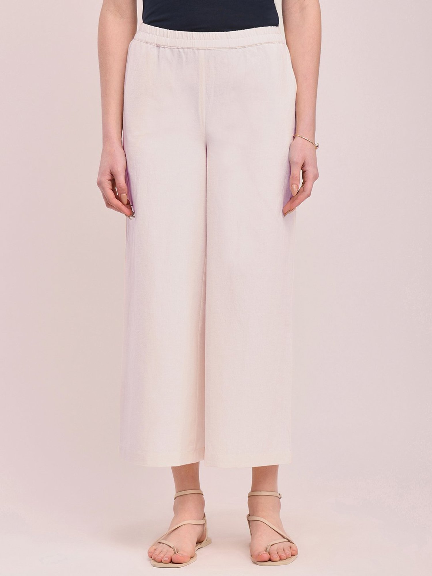 Pink Fort Off-White Cotton Relaxed Fit Palazzos