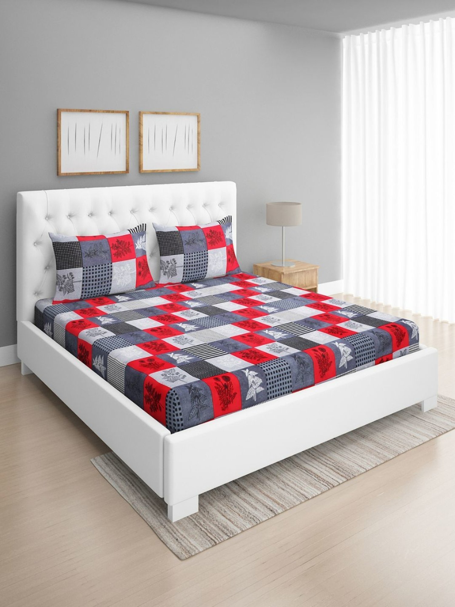 Romee Geometric Blue & Green 144 TC Cotton Queen Sized Bed Sheet with 2 Pillow Covers