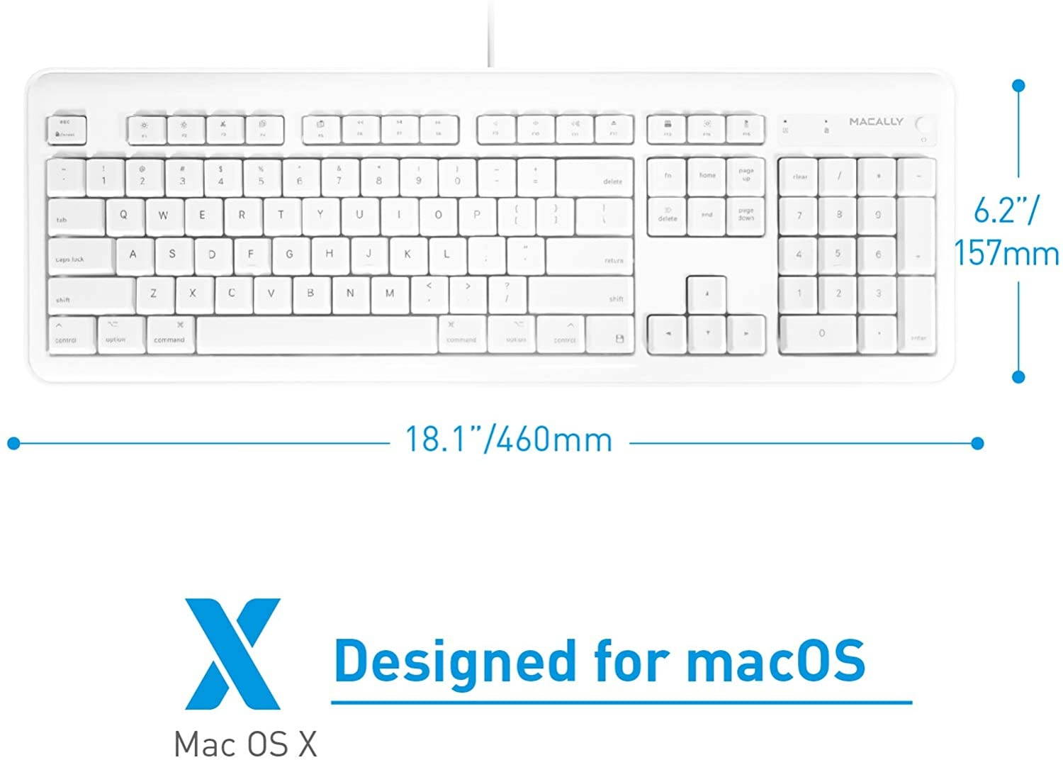 Macally Full Size USB Wired Computer Keyboard with Built-In 2-Port USB Hub - Perfect for your Mouse & 16 Apple Shortcut Keys for Mac OS, Apple iMac, Mac Mini, Macbook Pro/Air (XKEYHUB) , White