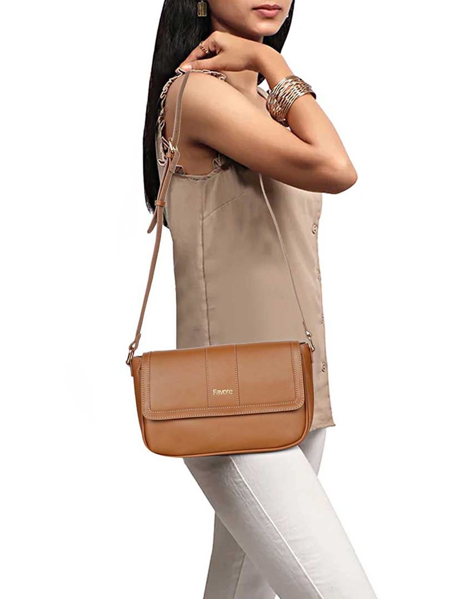 Saint G Tan Solid Medium Sling Handbag