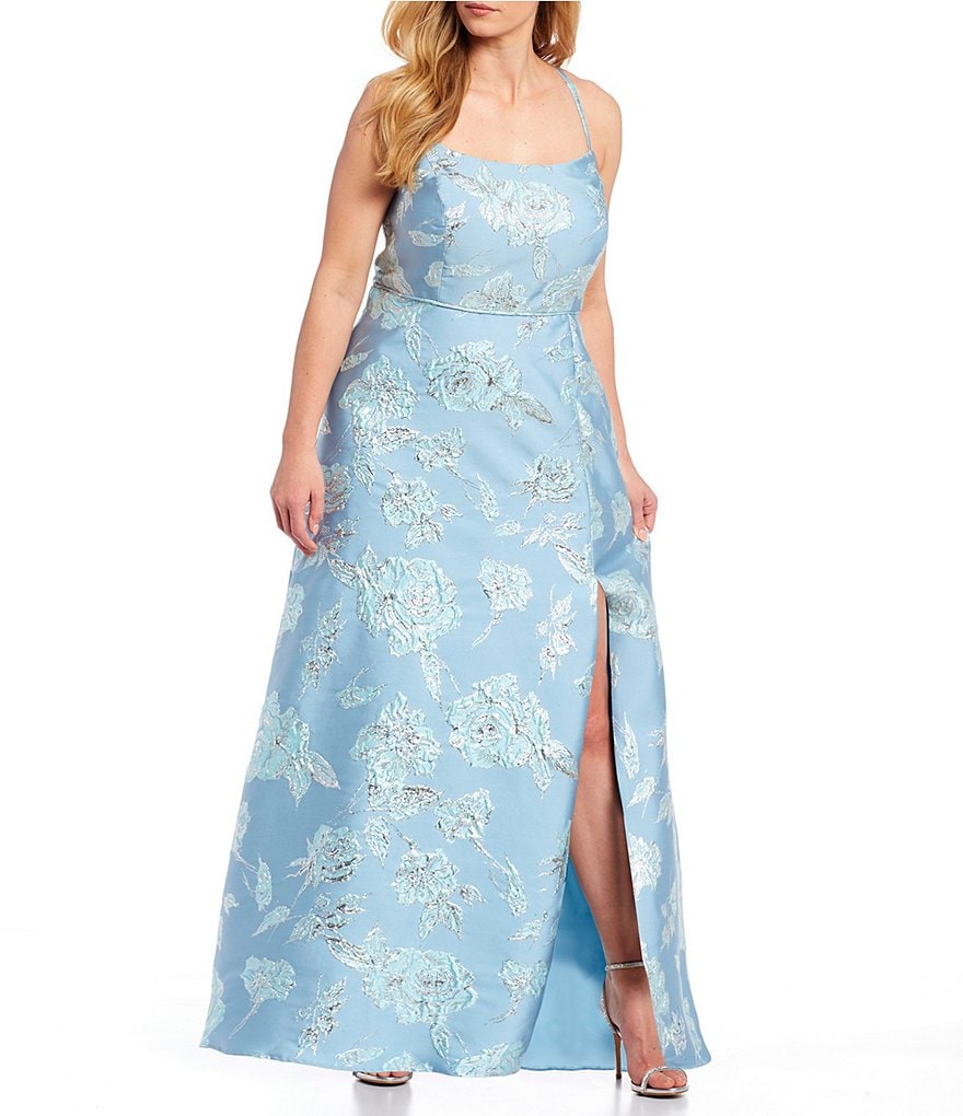 Morgan & Co. Plus Spaghetti Strap X-Back Floral Print Jacquard Dress