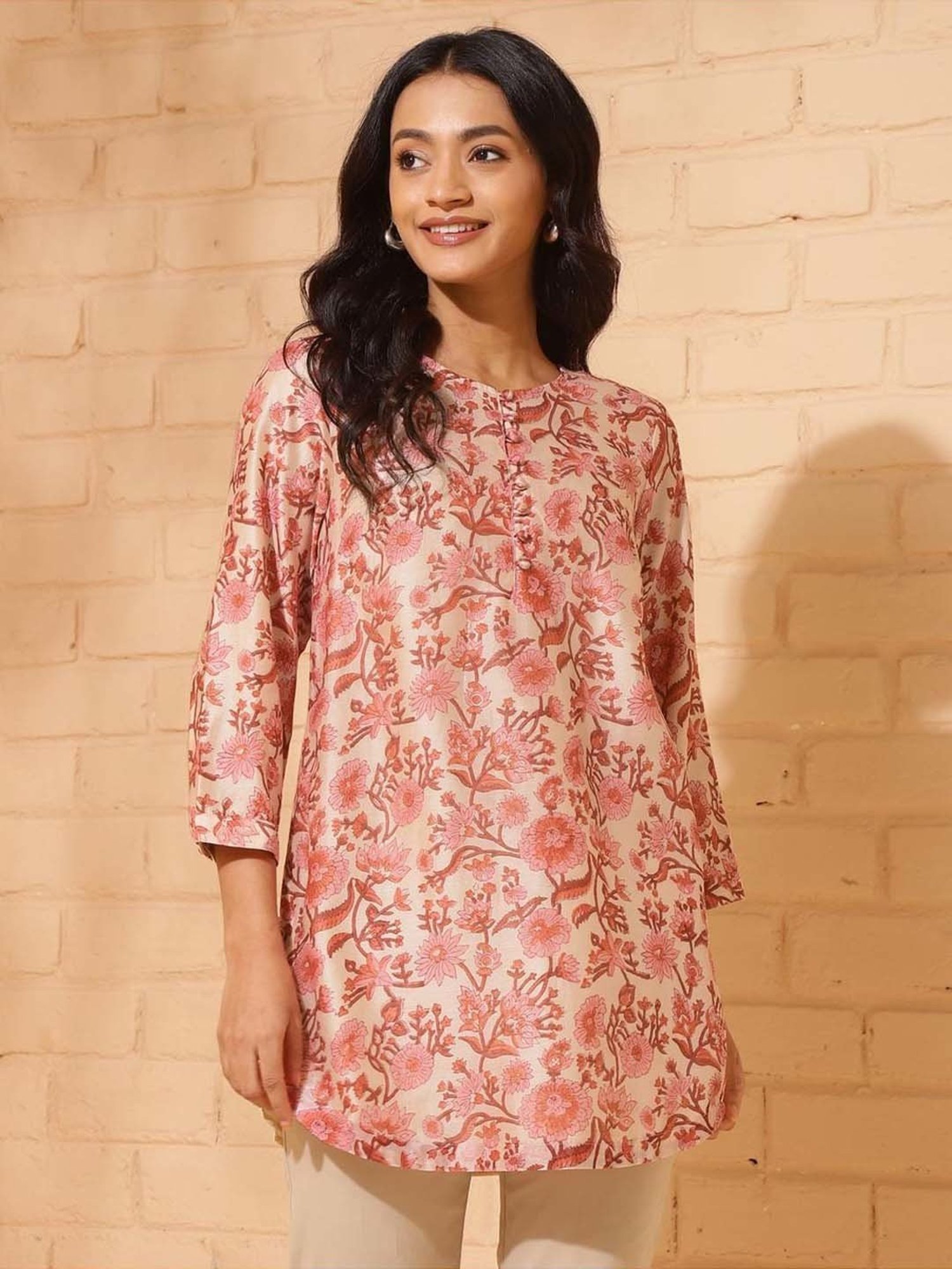 Fabindia White & Pink Floral Print Tunic