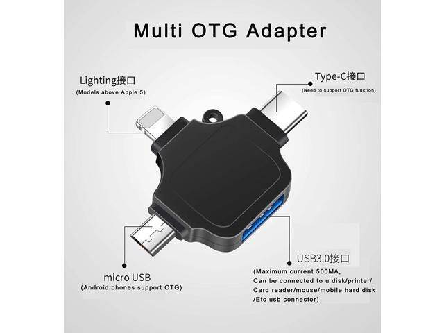 OTG Adapter, Compatible with Android/iPhone/iPad, Lightning/USB Type-C/Micro-USB to USB Camera Adapter for SD TF Card Reader, Keyboard, Mouse, U Disk, USB Flash Drive Silver