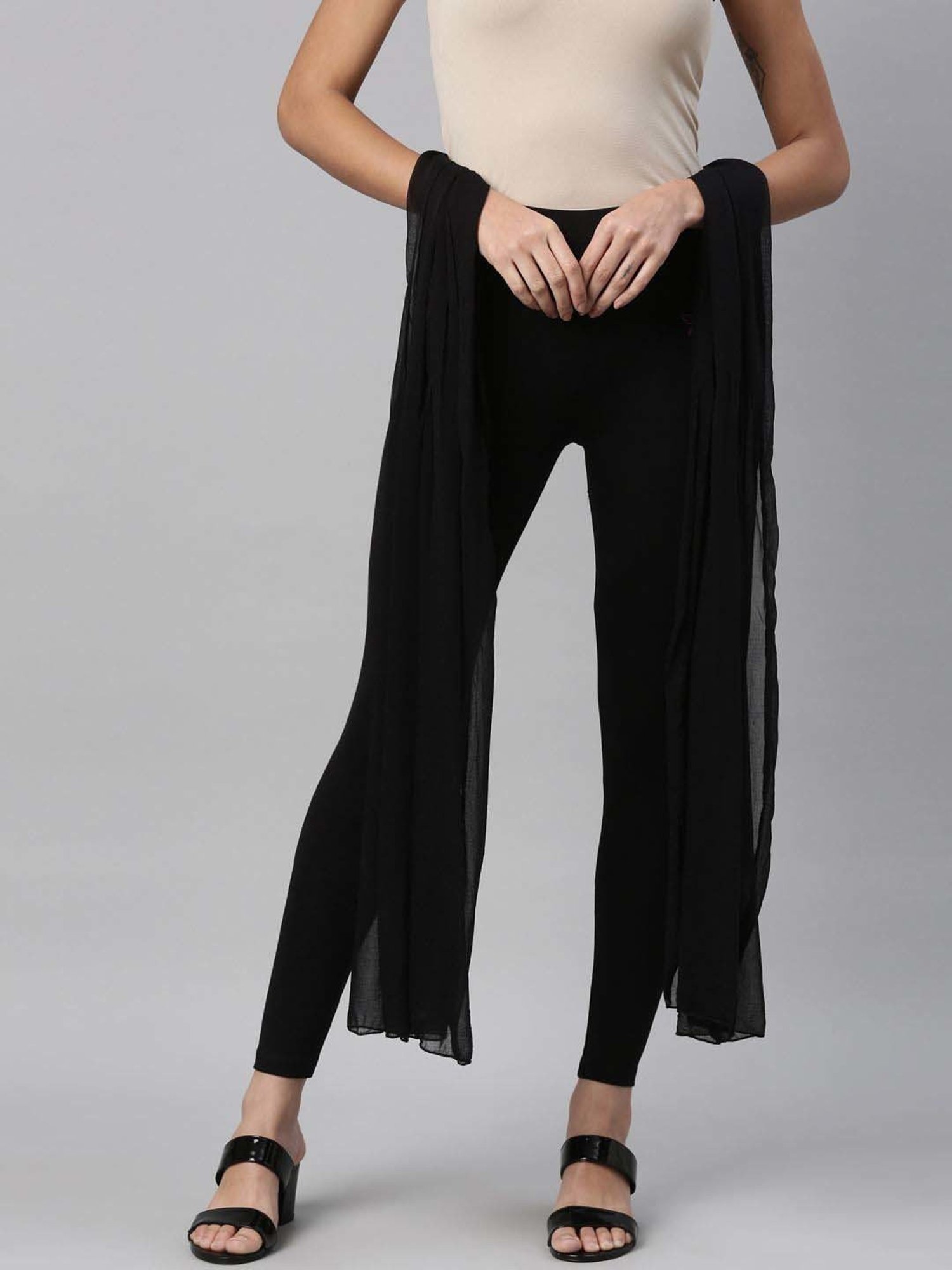 TWIN BIRDS Black Cotton Ankle Length Leggings With Dupatta