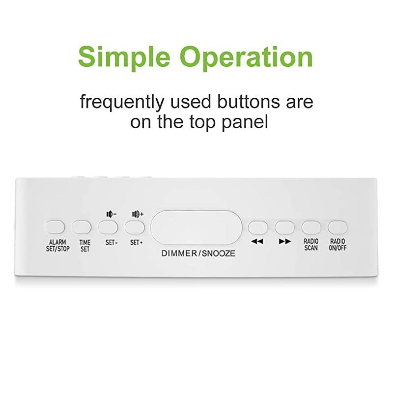 Simple Alarm Clock Radio with USB Charger Port FM Radio Dimmer 6 Snoozes 9Minute intervals Adjustable Alarm Volume for Heavy Sleepers for Bedrooms White