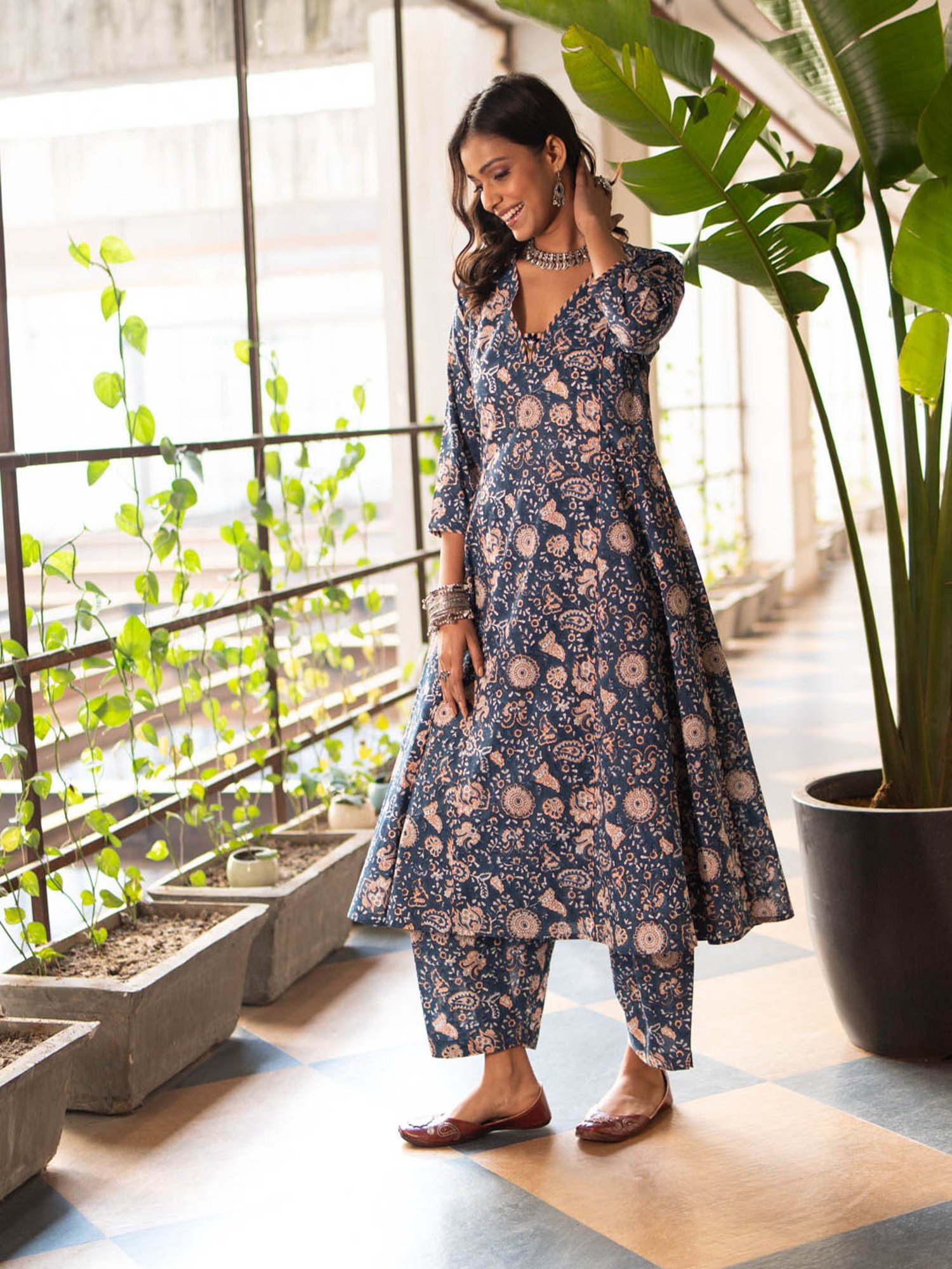 Akiso Blue Block Printed Anarkali Kurta With Hand Embroidery Details