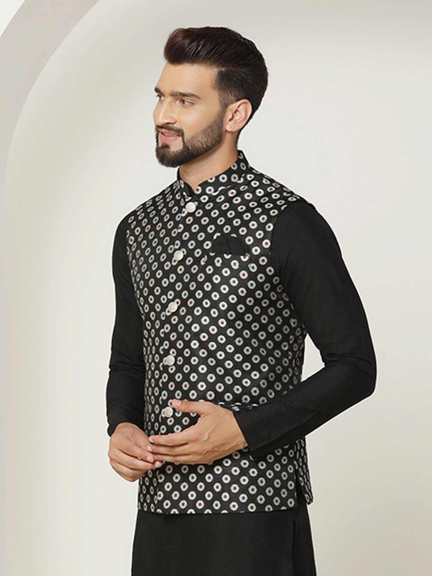 KISAH Black Regular Fit Self Design Nehru Jacket