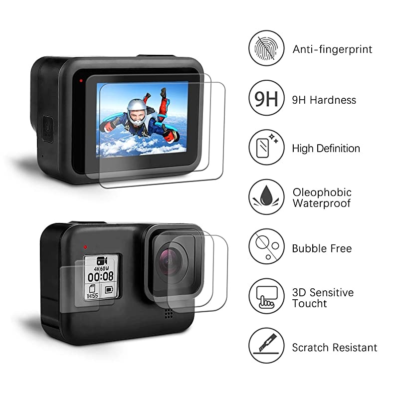 Accessories Kit Compatible with GoPro Hero 8 Black, with Silicone Rubber Protective Case + 4pcs Ultra Clear Tempered Glass Screen Protector + 2pcs Display HD Lens Protector