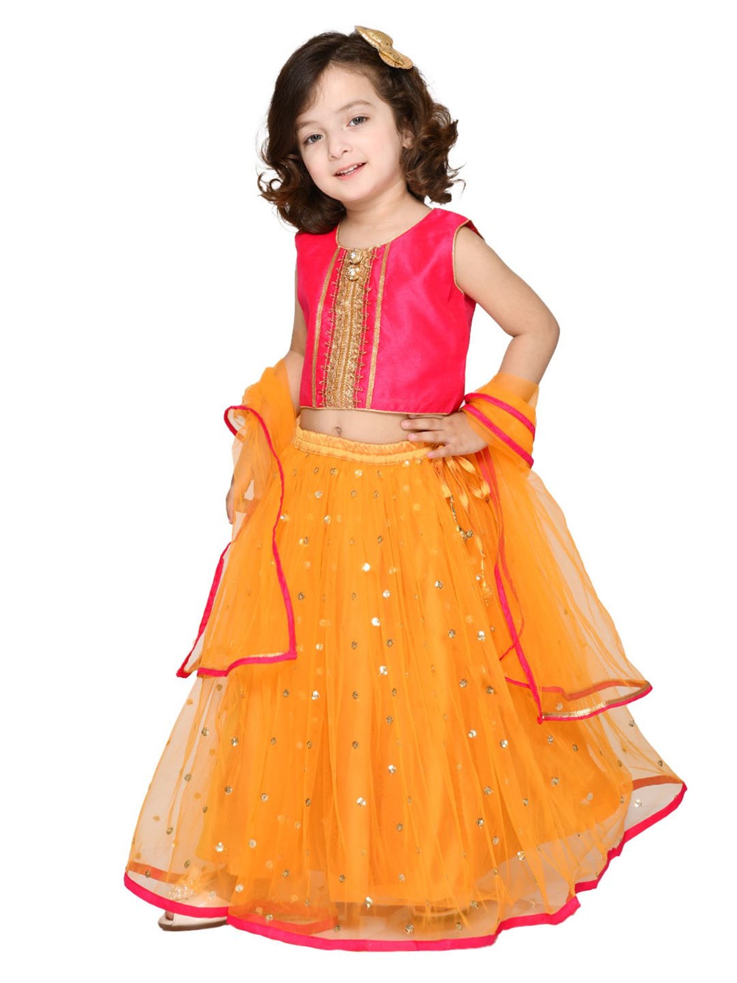 Saka Designs Kids Pink & Orange Embellished Lehenga with Choli & Dupatta